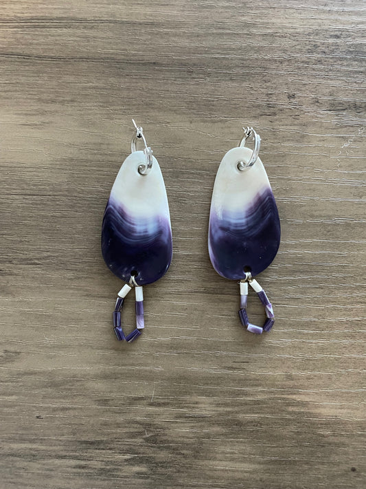 Very Large Purple Wampum Oval Earrings with wampum bead loops