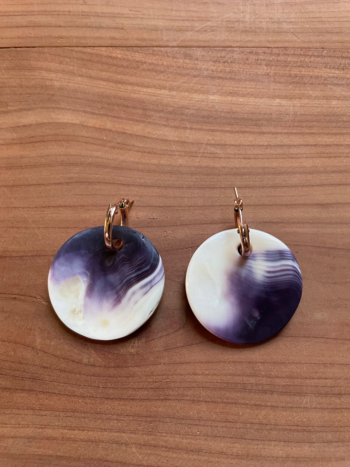 Large Wampum Sun Disc Earrings on Rose Gold hoops